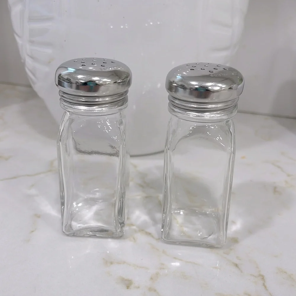 BN NOPRO 3oz CLASSIC RETRO GLASS SALT & PEPPER SHAKERS WITH STAINLESS ST…